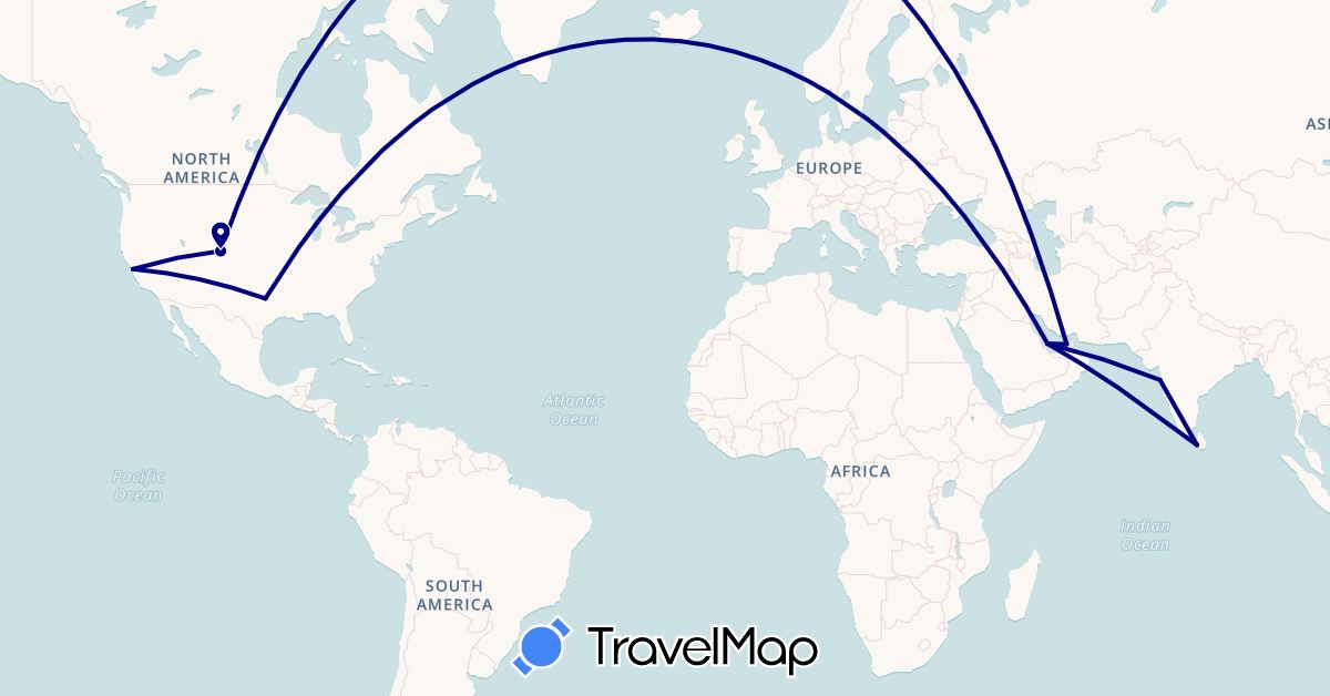 TravelMap itinerary: driving in India, Sri Lanka, Qatar, United States (Asia, North America)